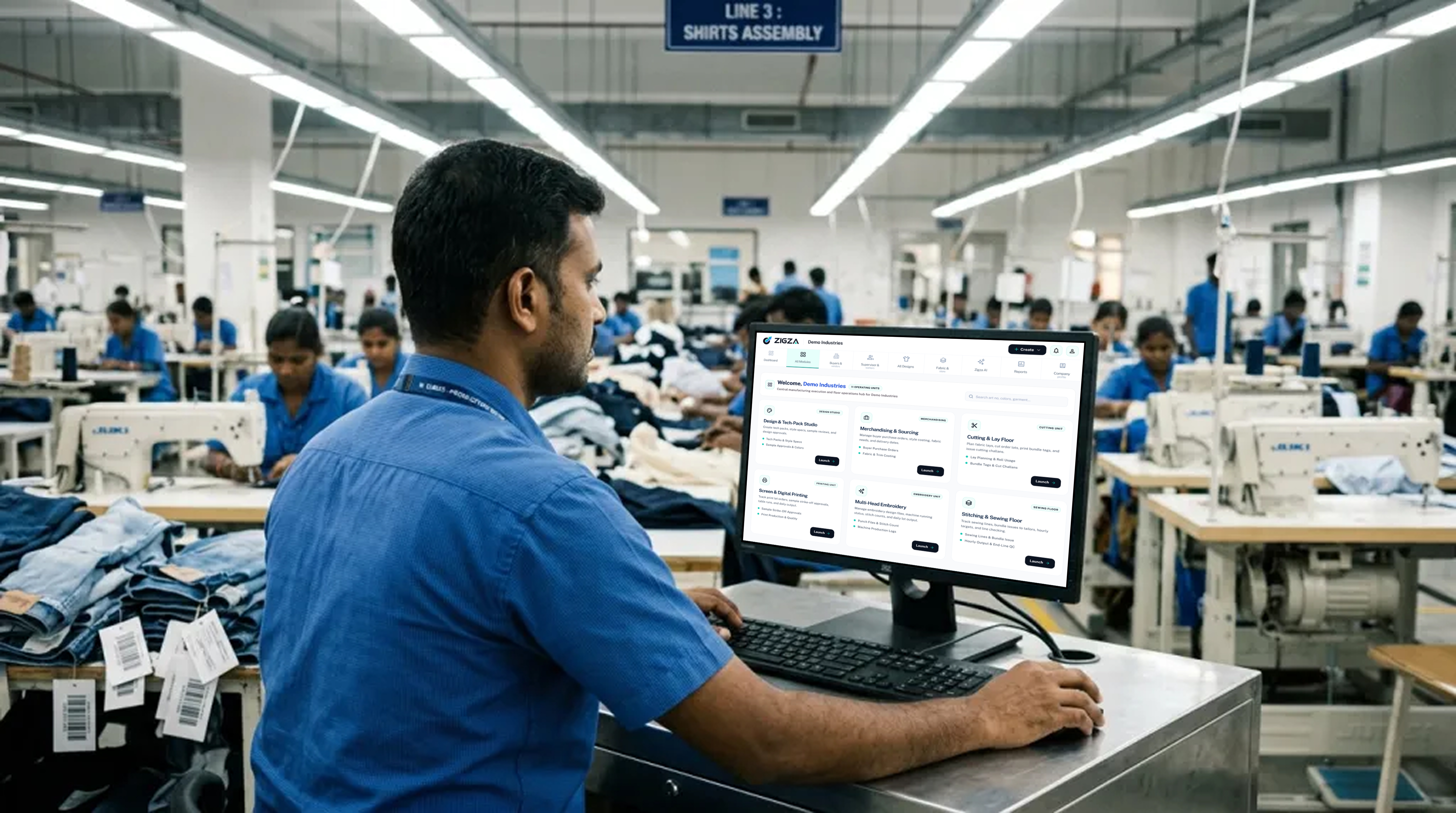 Garment factory manager monitoring production output on industrial dashboard